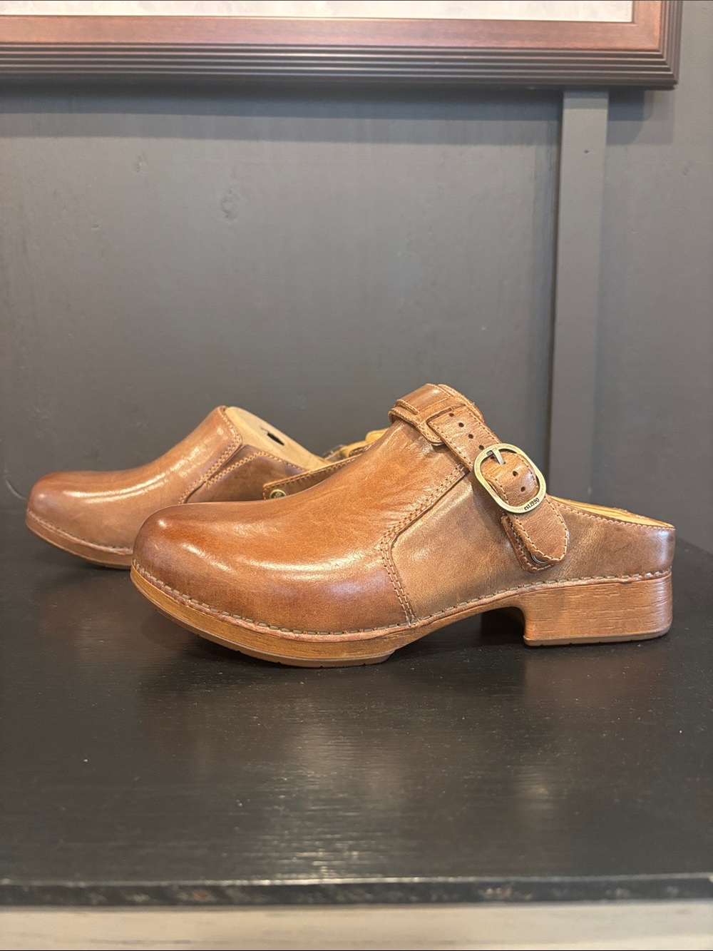 Dansko Brown Leather Slip-On Clog with Buckle Detail